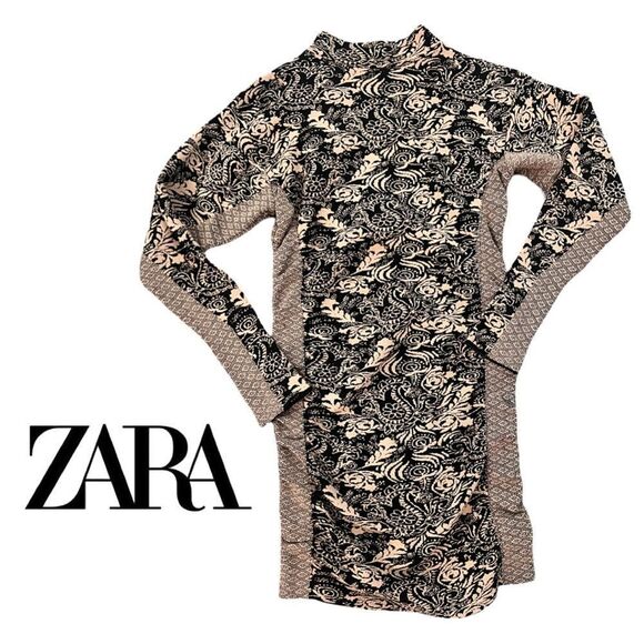 ♥️ Zara Black beige Patterned fitted ruched midi sweater Dress size medium large - Picture 3 of 9